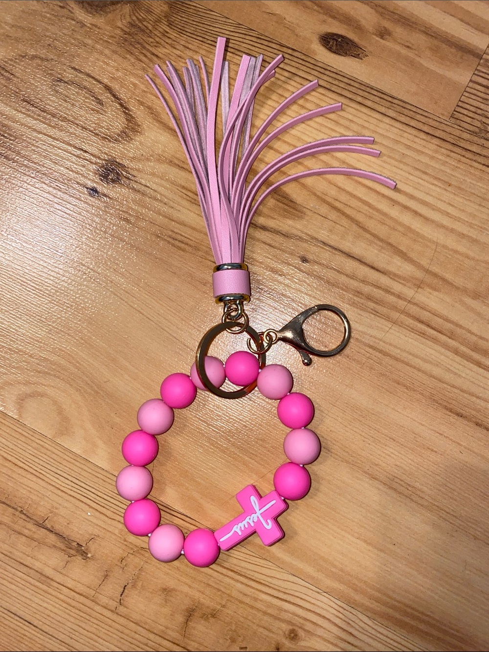 Pink Beaded Wristlet Keychain with Tassel and Cross Charm